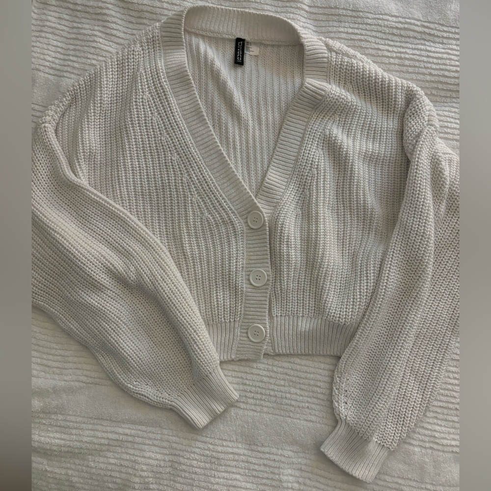 Divided White Cardigan Sweater with Textured Knit